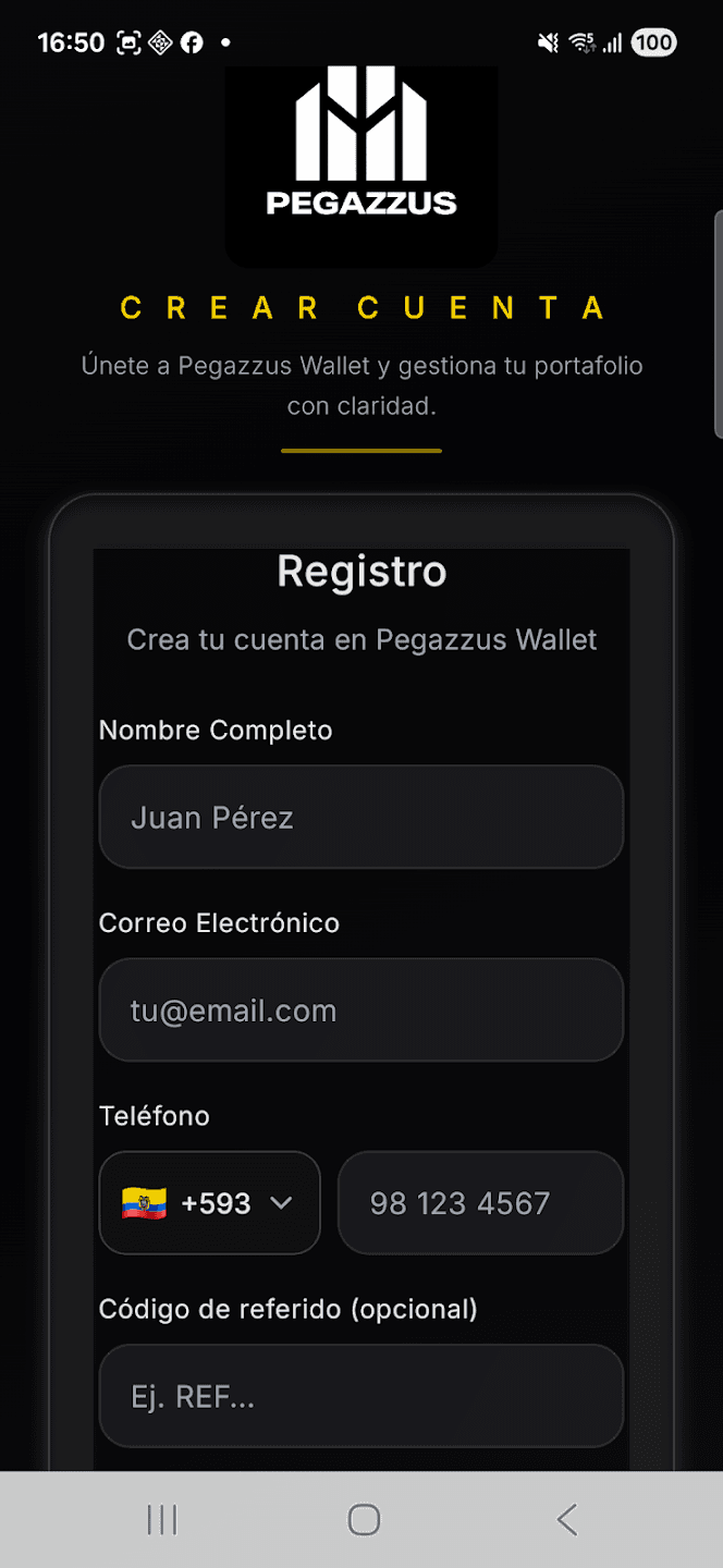 Screenshot de la app Pegazzus Wallet